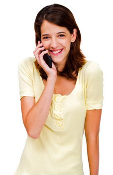 Confident woman talking on a mobile phone isolated over white