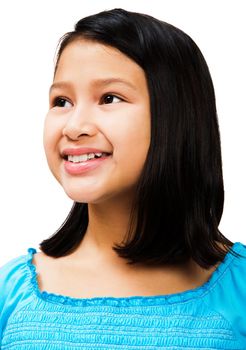 Close-up of a girl day dreaming and smiling isolated over white