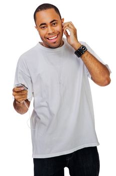 Portrait of a man listening to music on a MP3 player isolated over white