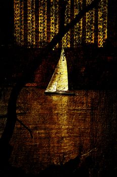 Dark picture montage of sailboat. Vintage look.