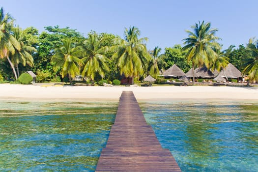 Pontoon, beach and resort from Sainte Marie Island, Madagascar