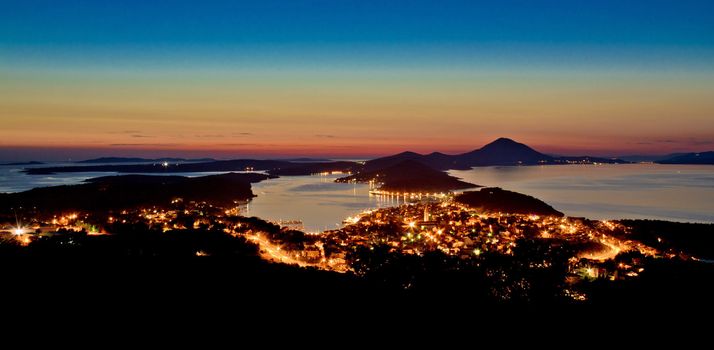 Mali Losinj, Croatia panoramic view from hill in blue hour