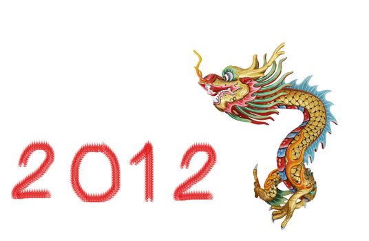 Colorful dragon statue in native Chinese style isolated and  red number 2012 written in dragon letters on white background