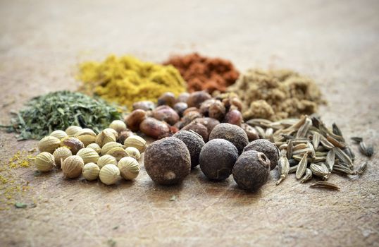 Close-up of Different spices on wood background