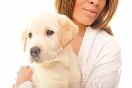  Cheerful young woman with her puppy isolated on white background