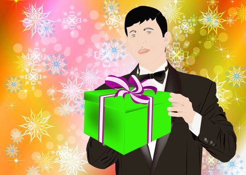 The celebratory man in a classical tuxedo with a Christmas gift