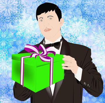 The celebratory man in a classical tuxedo with a Christmas gift