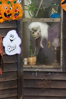 A Halloween Skull sits in a Window.