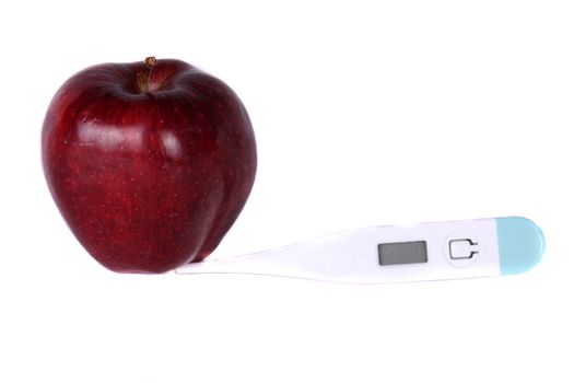 An apple a day keeps a doctor away. Doctor represented by a thermometer.