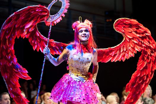 CANARY ISLANDS - 28 OCTOBER: Model on the catwalk wearing carnival costume from designers of GC DC during Carnival Fashion Week October 28, 2011 in Canary Islands, Spain