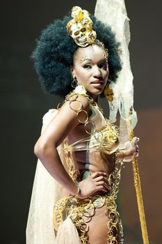 CANARY ISLANDS – 28 OCTOBER: Model on the catwalk wearing carnival costume from designer Julio Vicente Artiles during Carnival Fashion Week October 28, 2011 in Canary Islands, Spain