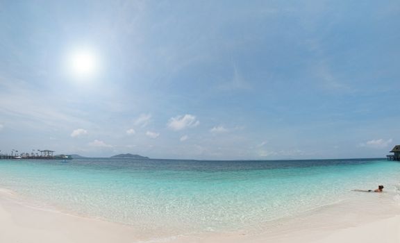 Panoramic view of a beautiful beach with turquoise water in Rawa island Malaysia