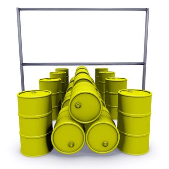Abstract 3d-illustration: Yellow barrels with blank billboard