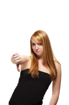 young redhead woman showing thumbs down on white background