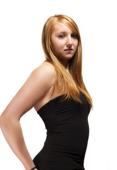 young redhead woman with black shirt on white background
