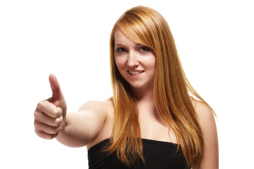 young redhead woman showing thumbs up on white background