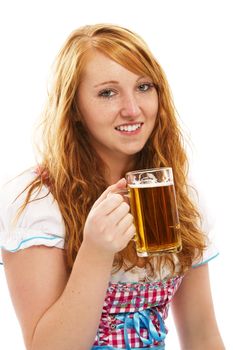 pretty bavarian girl with a glass of beer on white background
