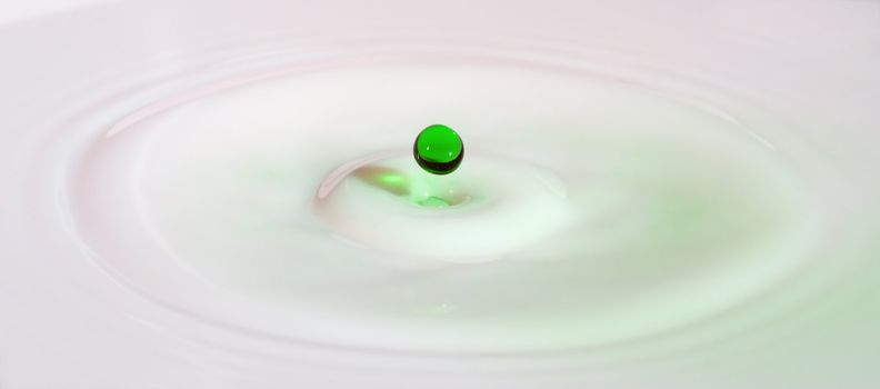 Green water drop just before the splash.