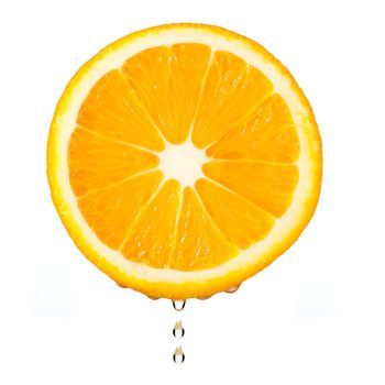 Section orange with drop. The detailed photo on a gleam. It is isolated on a white background