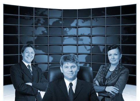 Business people. Group of people and big virtual the monitor with the image map the earths on a background.