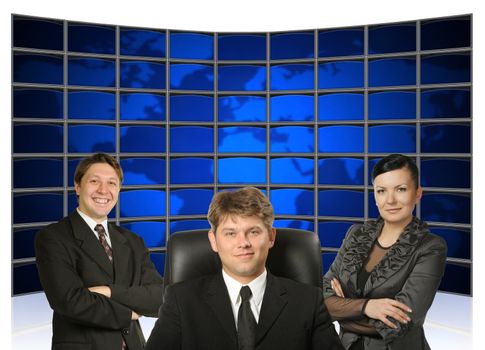 Business people. Group of people and big virtual the monitor with the image map the earths on a background.