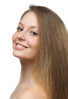 The beautiful girl with long healthy hair. It is isolated on a white background