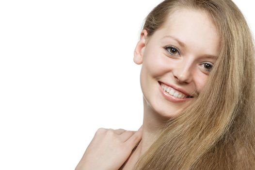 The beautiful girl with long healthy hair. It is isolated on a white background