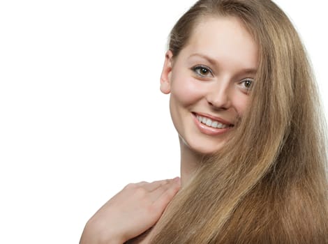 The beautiful girl with long healthy hair. It is isolated on a white background