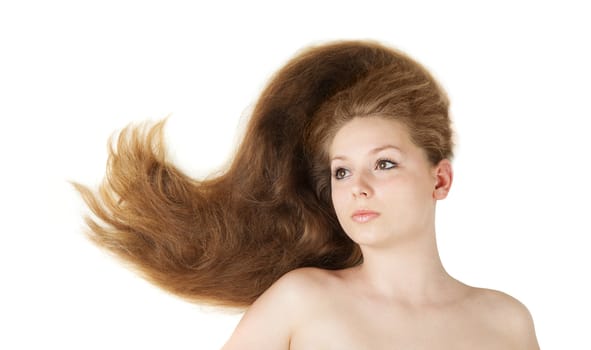 Healthy beautiful long hair closeup in motion created by wind. Isolated on white