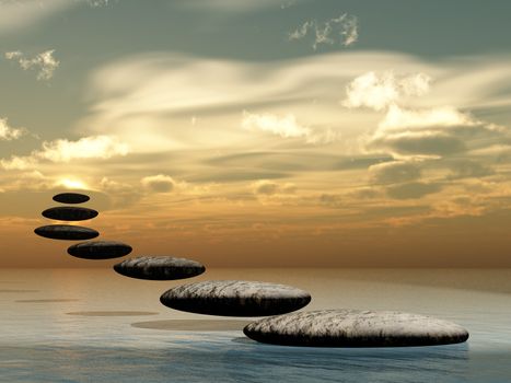 Path form zen stone to sun.Stock pebble rock on water and yellow sunset