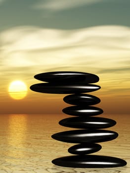 Zen stone on water.Stock pebble on sky background