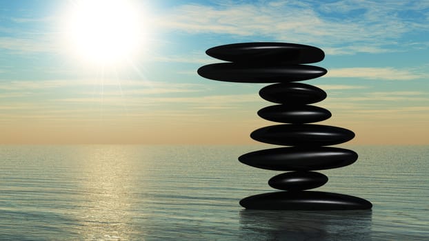 Zen stone on water.Stock pebble on sky background