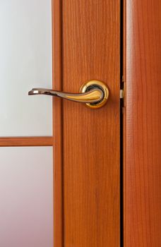 The door handle. A wooden door, brass handles.