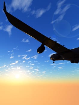 Details of the plane against a picturesque sunset