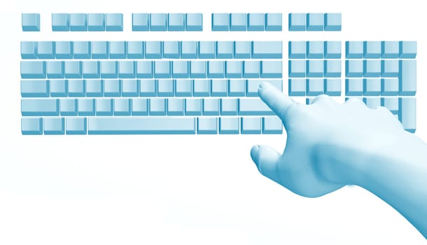 Fantastic hand over the computer keyboard. It is isolated on a white background.