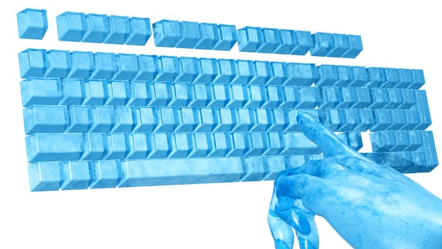 Fantastic hand over the computer keyboard. It is isolated on a white background.