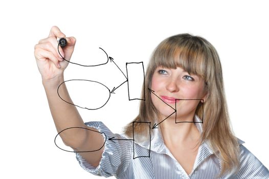 The business woman draws felt pen an empty diagramme. Focus on felt pen. It is isolated on the white background.