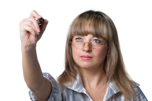 The business woman c felt pen in the hand. Focus on felt pen. It is isolated on the white background.