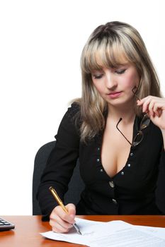 The business woman signs the contract. It is isolated on the white background.