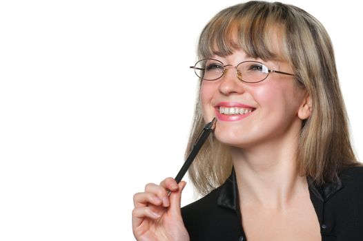 The business woman in eyeglasses and with pen.Изолировано on the white background.