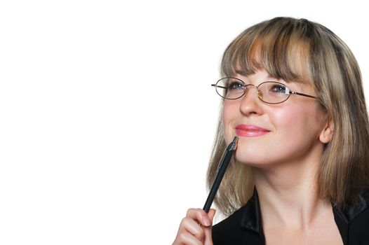 The business woman in eyeglasses and with pen.Изолировано on the white background.