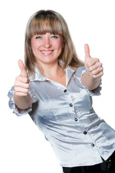 women witth thumb up. It is isolated on a white background