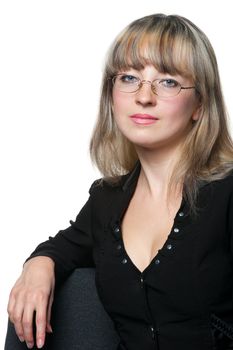 The business woman in eye glasses. It is isolated on a white background