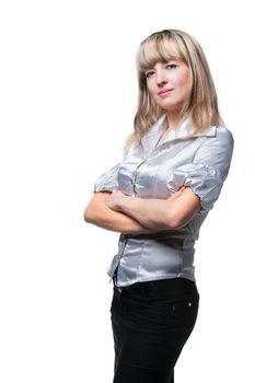 The business woman in eye glasses. It is isolated on a white background