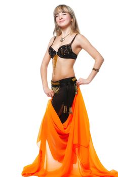 The woman in east dancing suit. Isolated on white background