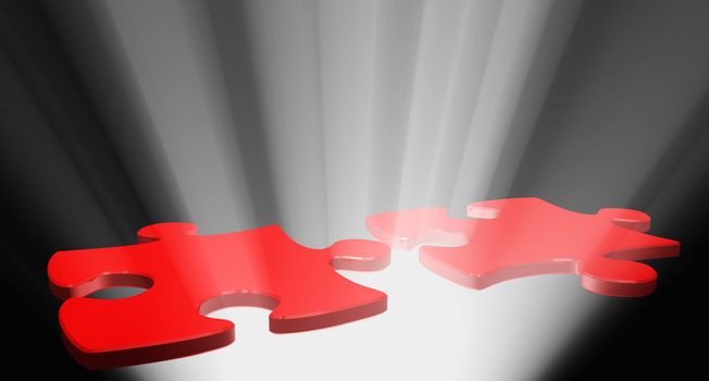Puzzles red color with light baem. 3D image