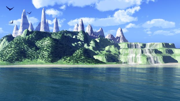 Fantastic island. Snow tops of mountains, green hills and waterfalls. Eagles in the sky. 