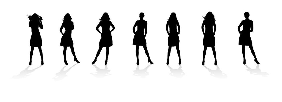 Silhouette of the woman with reflection. Various poses. Uncurl hair. It is isolated on a white background