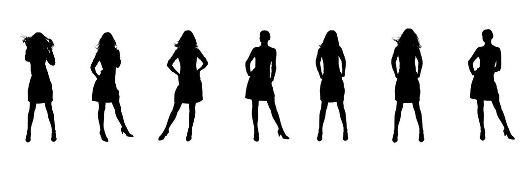 Silhouette of the woman. Various poses. Uncurl hair. It is isolated on a white background