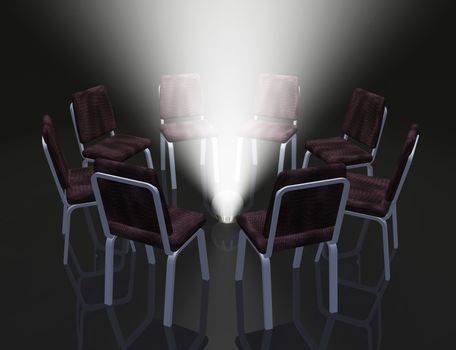 Armchairs placed on a circle and sphere with magic light.Mirror floor